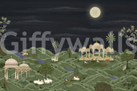 Moonlit Palace Garden wall mural with hills, moon, and deer