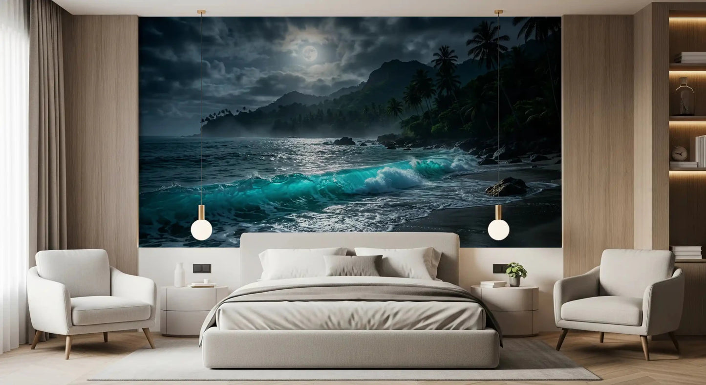 Large scale Moonlit Tropics Wall Mural adds depth to a narrow Bedroom.