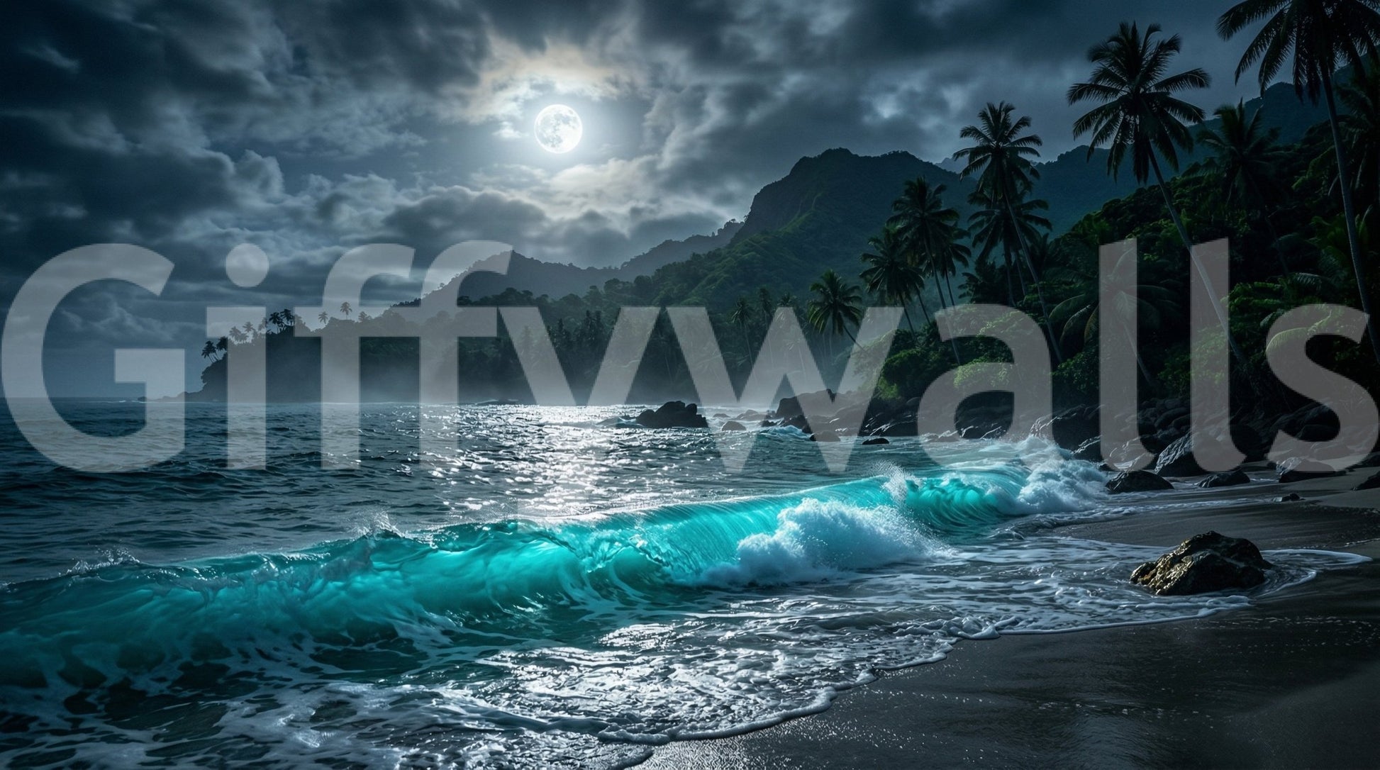 Moonlit Tropics Wall Mural style with serene dark jungle leaves.