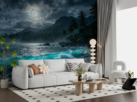 Tropical evening wallpaper design with soft lighting for a Living room wall. 