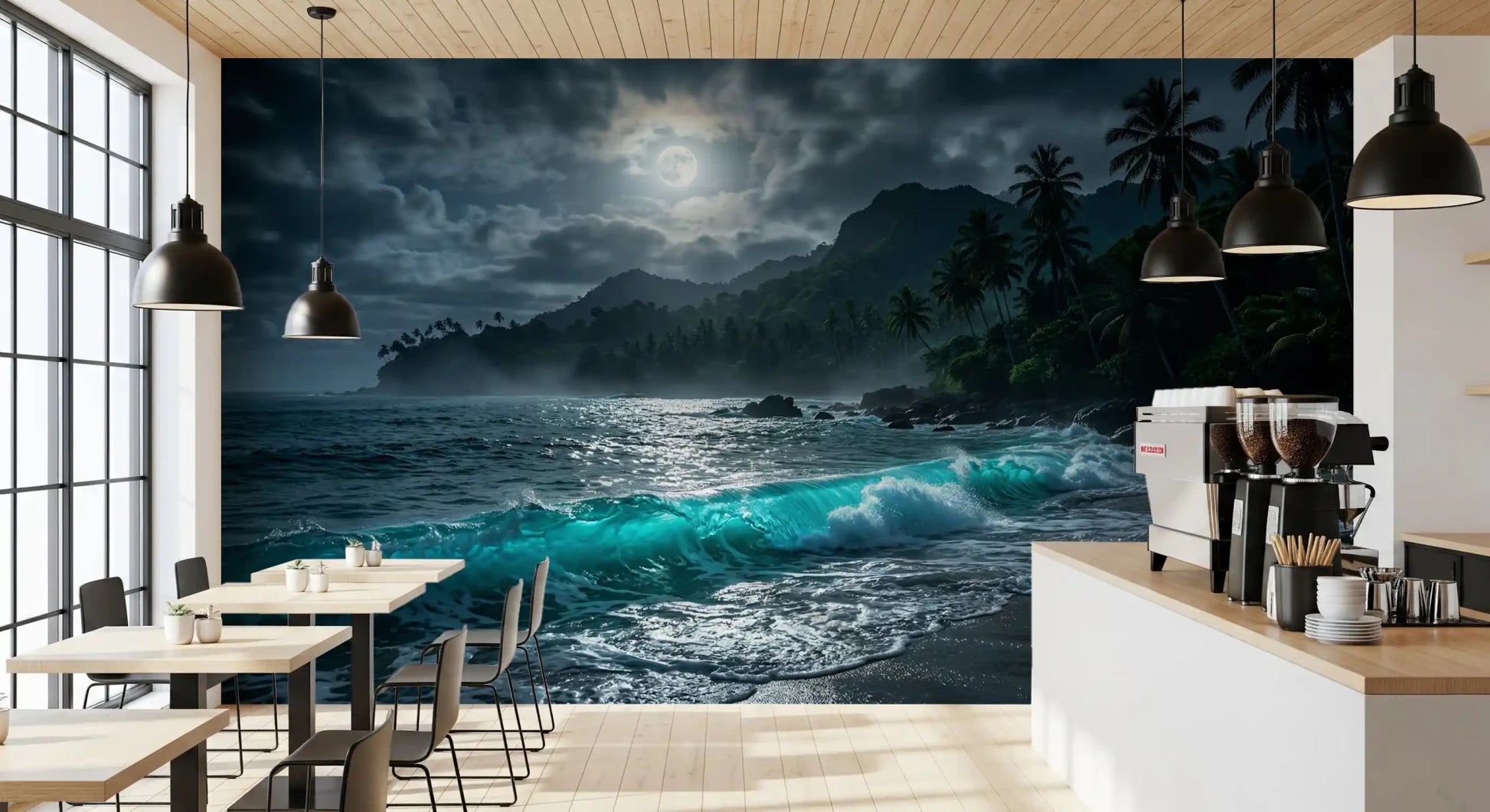 Moonlit Tropics Wall Mural applied to a Dining room feature wall layout.