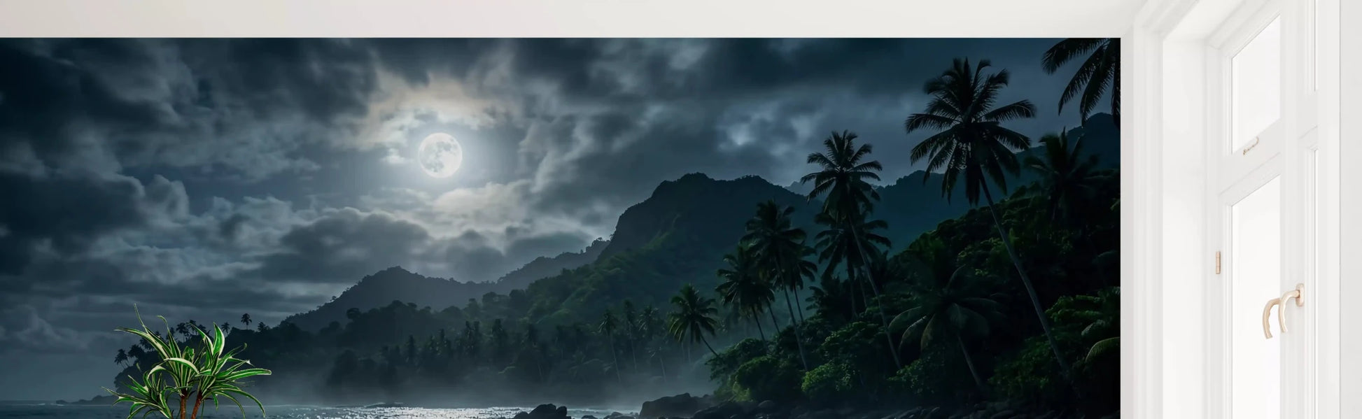 Nighttime botanical wallpaper featuring moonlit tropical plants 