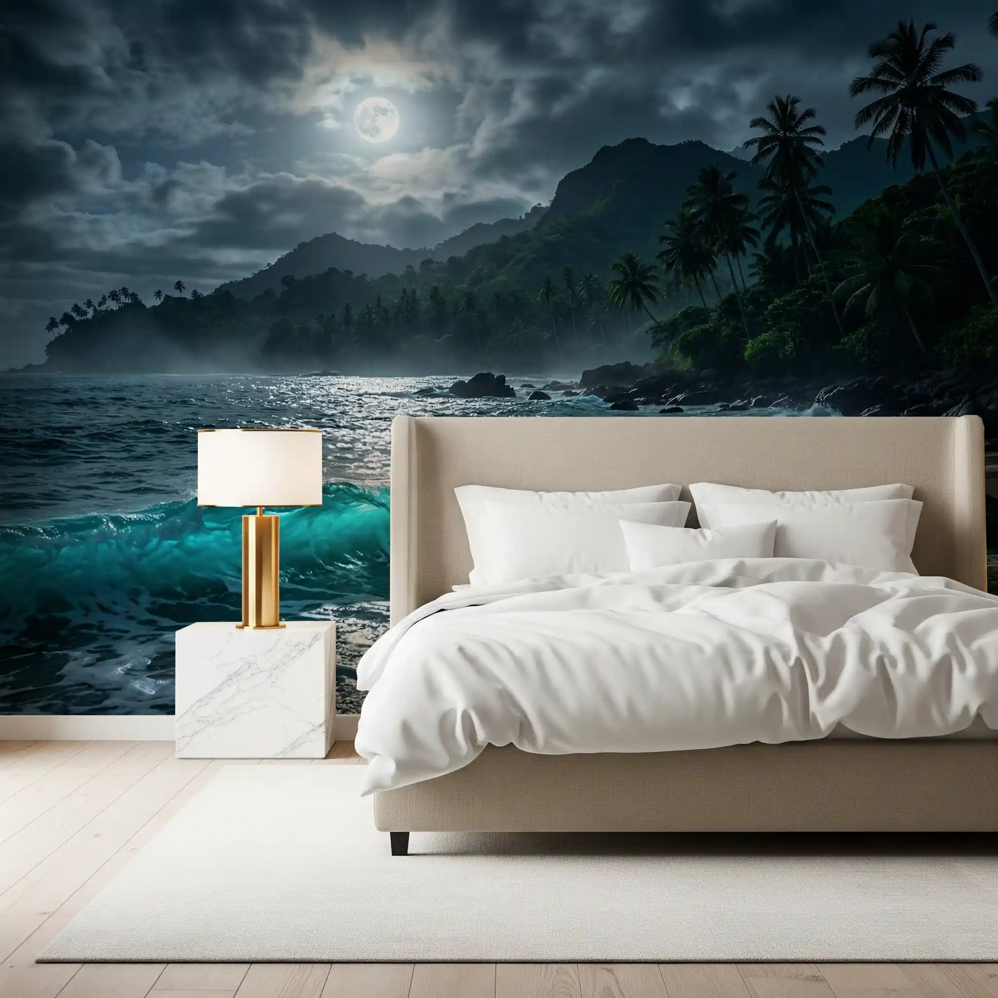 Tropical night scene wallpaper on a Bedroom wall, featuring deep color tones.