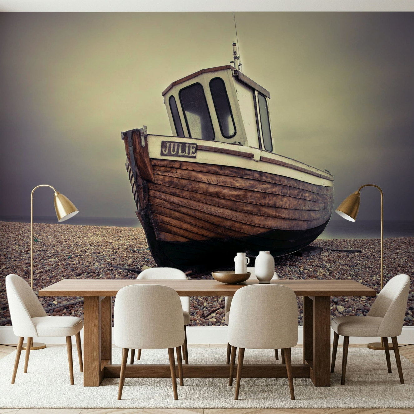 Coastal marina mural behind sofa, relaxed home décor for a modern flat living room