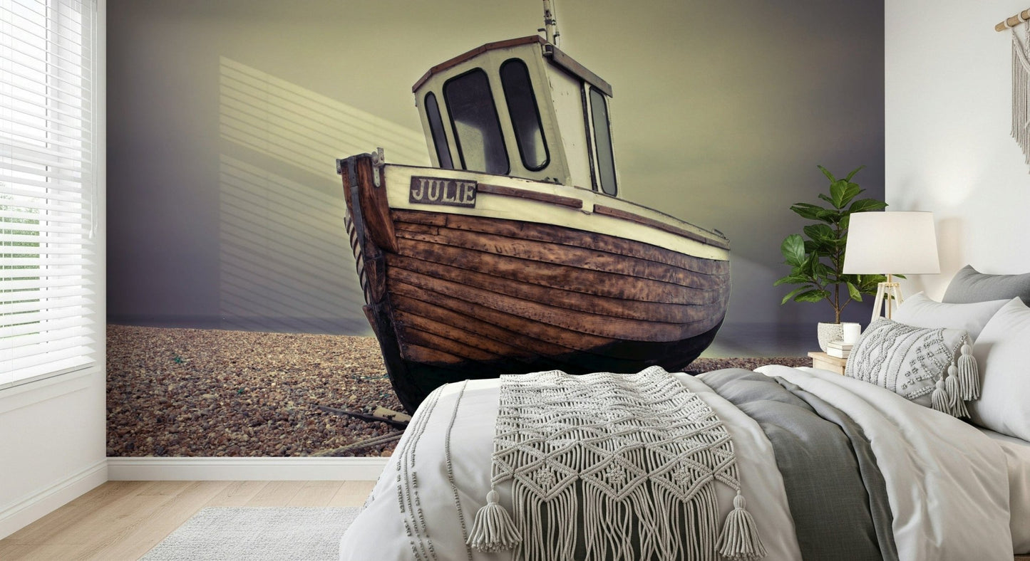 Dining room mural showing boats at the quay, coastal home décor in neutral colour tones