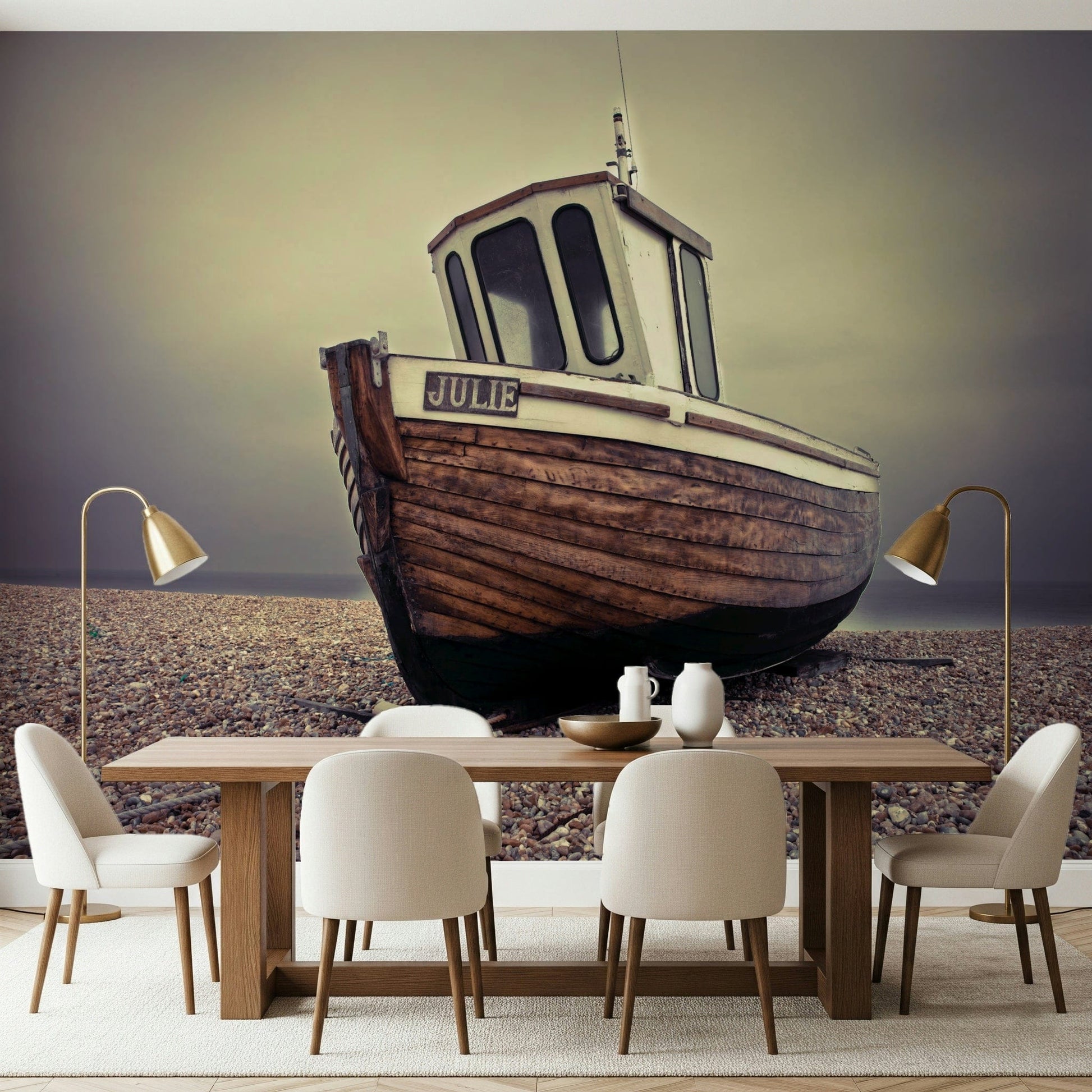 Coastal marina mural behind sofa, relaxed home décor for a modern flat living room