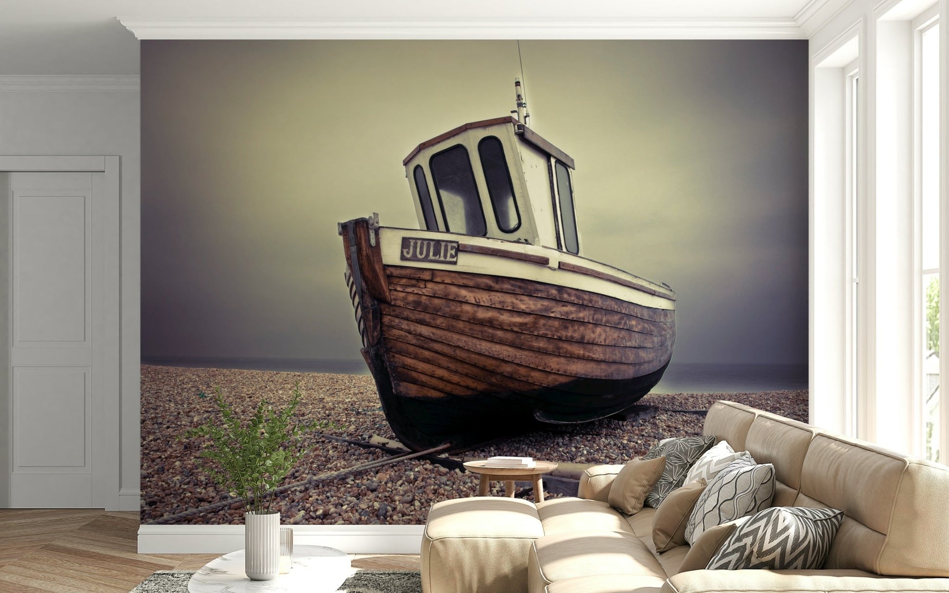 Guest bedroom wall mural with docked boats, soft coastal colours for relaxed home décor