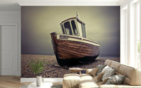 Guest bedroom wall mural with docked boats, soft coastal colours for relaxed home décor