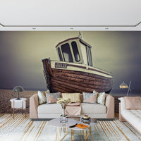 Moored Tranquility Wall Mural behind bed, serene boats on still water for bedroom décor
