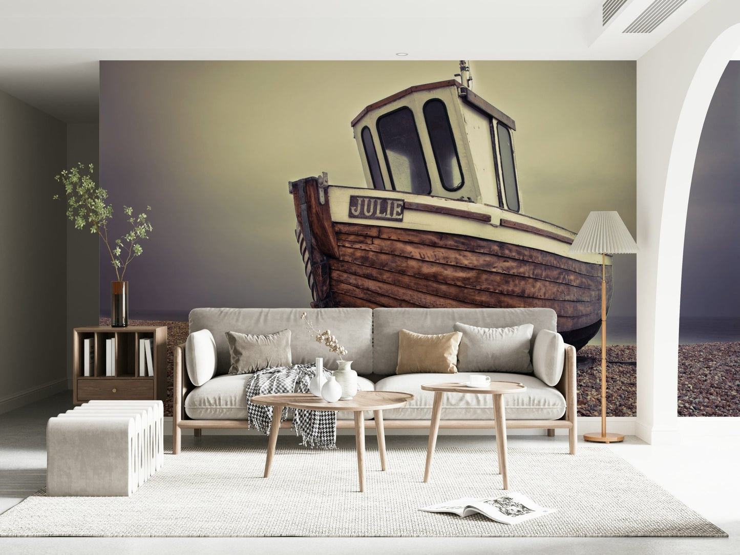 Home office wall mural with tranquil docked boats, modern minimalist home décor in soft colours