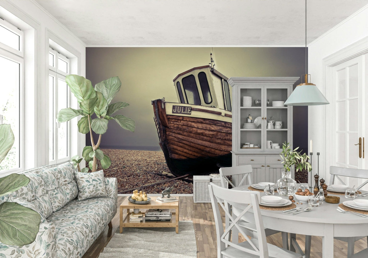 Bedroom feature wall with moored boats mural, muted blue and sand colour palette