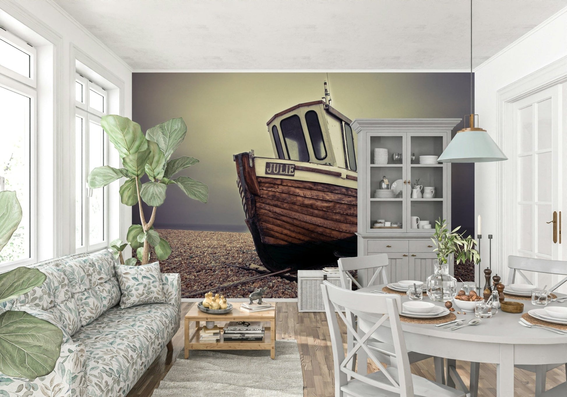 Bedroom feature wall with moored boats mural, muted blue and sand colour palette