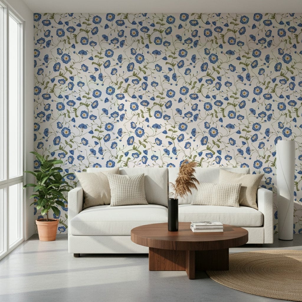 Vintage botanical Morning Glory wall mural with elegant green leaves design