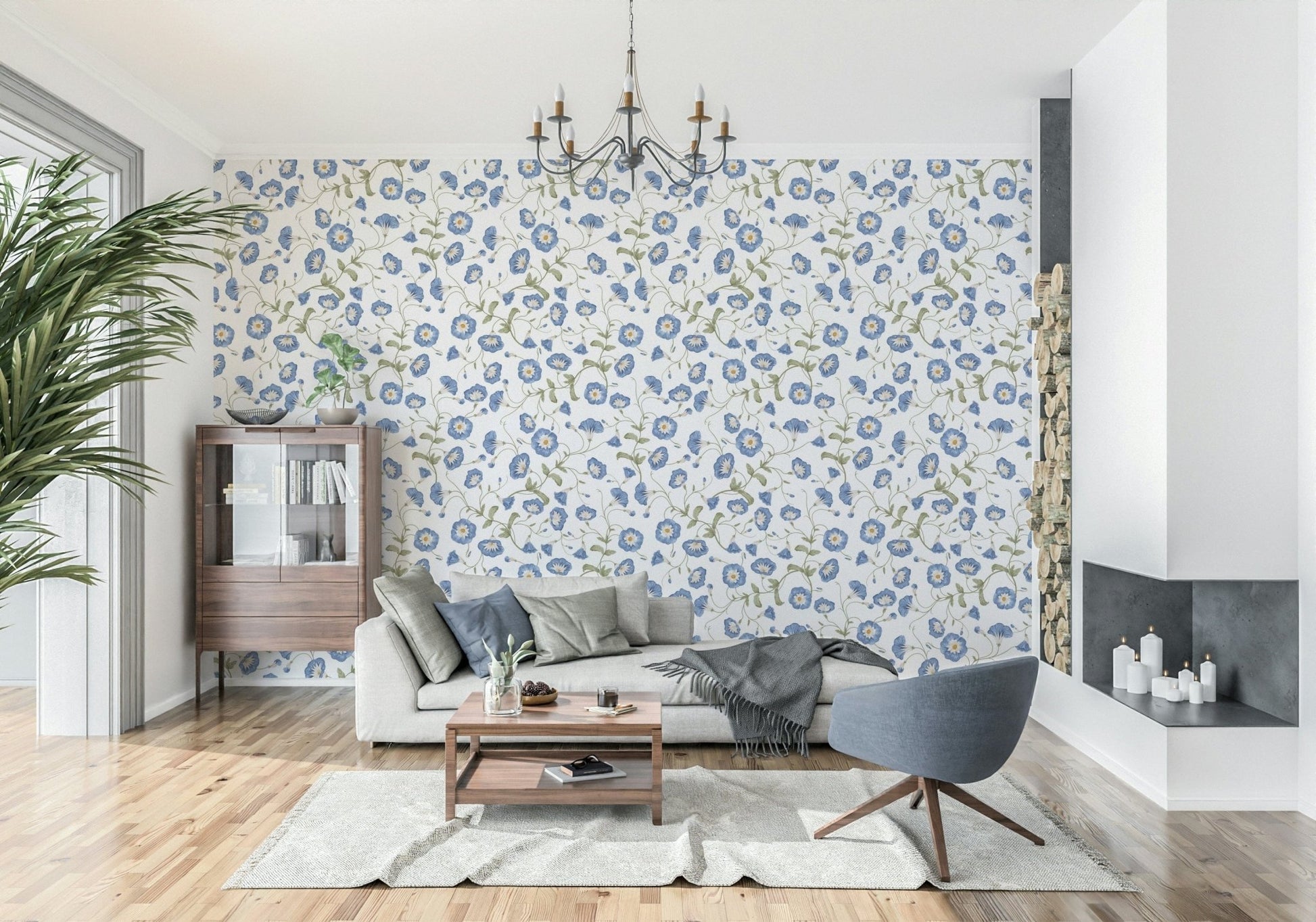 Charming cottagecore Morning Glory wall mural for cozy bedroom interiors