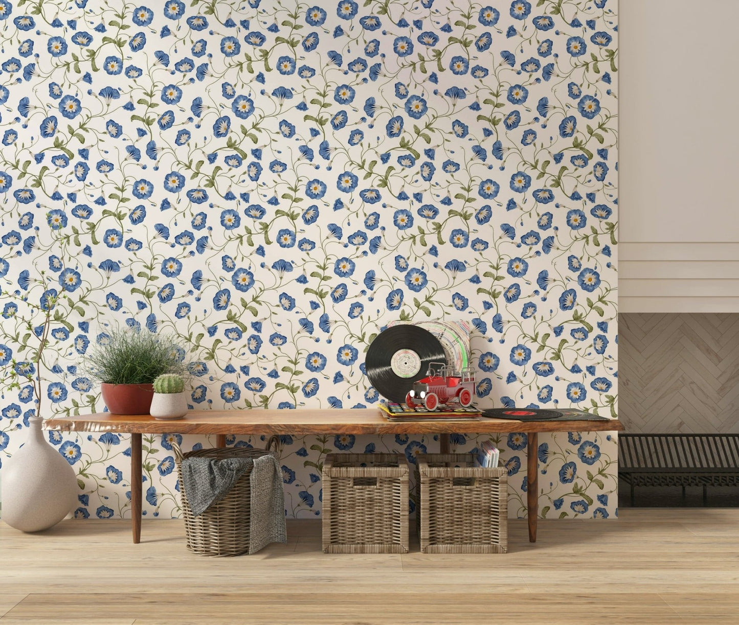Bright white Morning Glory wallpaper featuring trailing azure floral stems