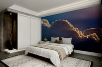 A peaceful morning light mural on decorative wallpaper.

