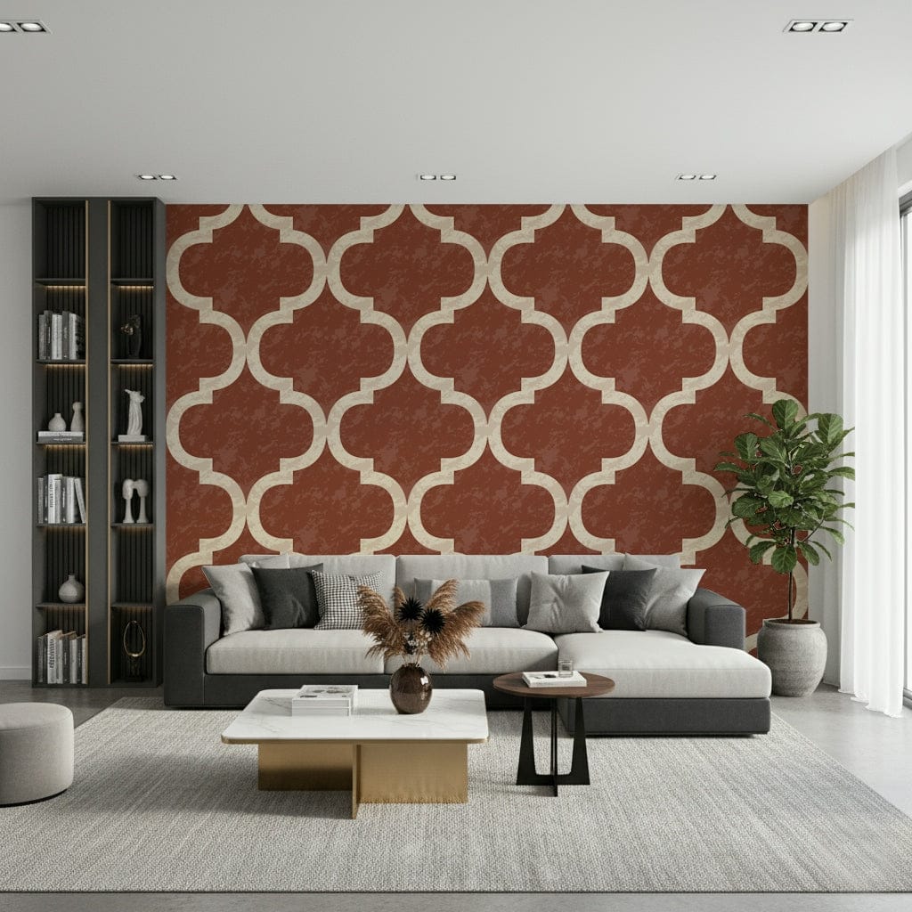 Cream ogee pattern on textured amber background wallpaper