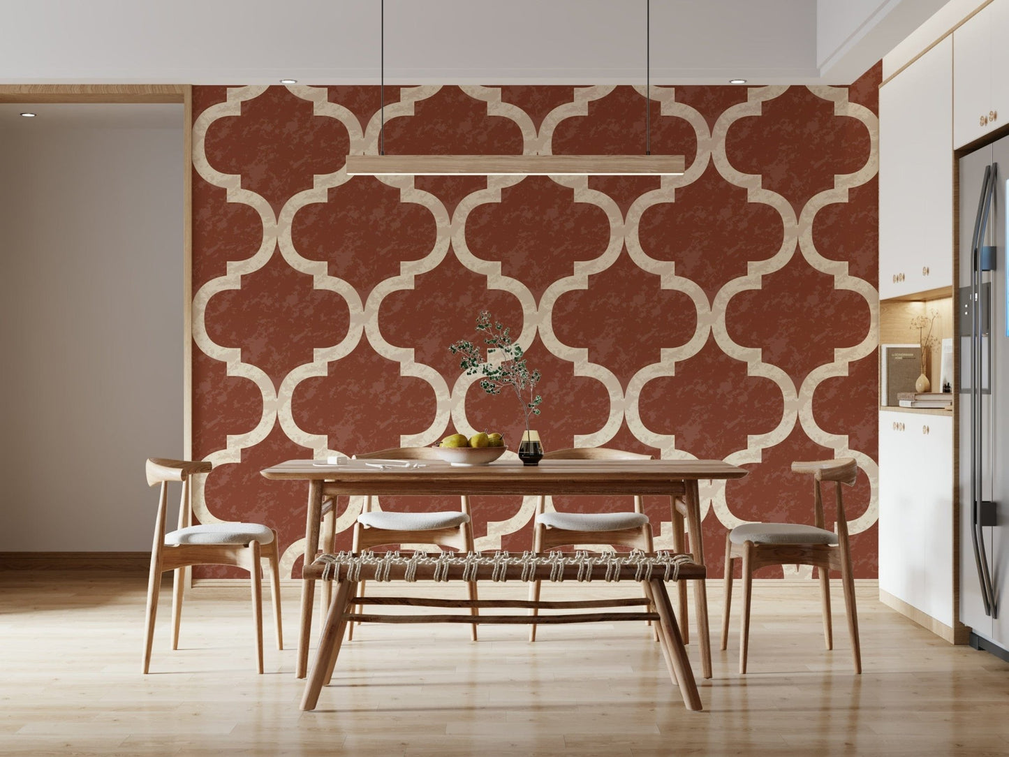 Rustic amber wallpaper with distressed Moroccan lattice design