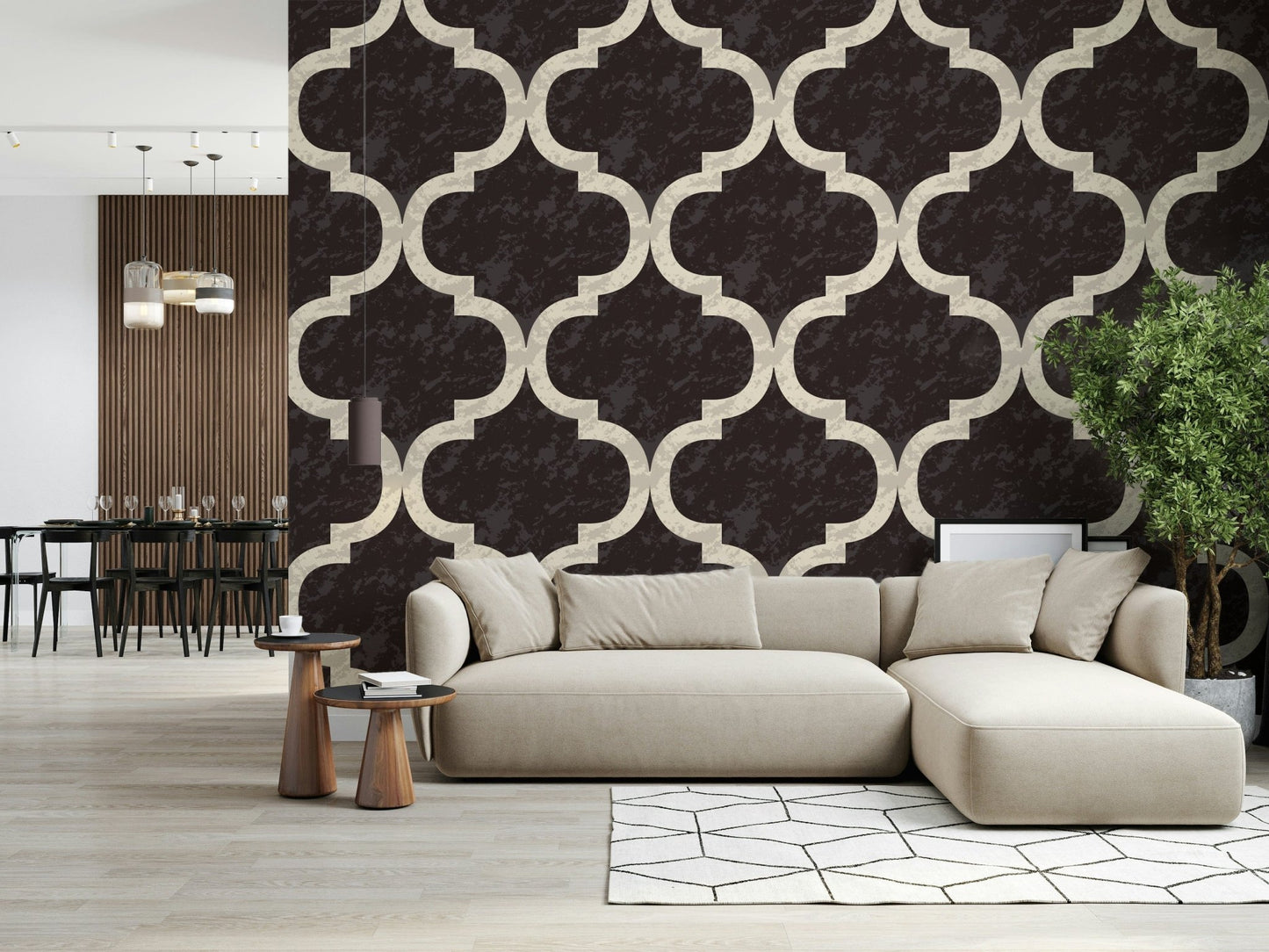 Distressed Moroccan Ogee wallpaper for walls in chocolate hues.