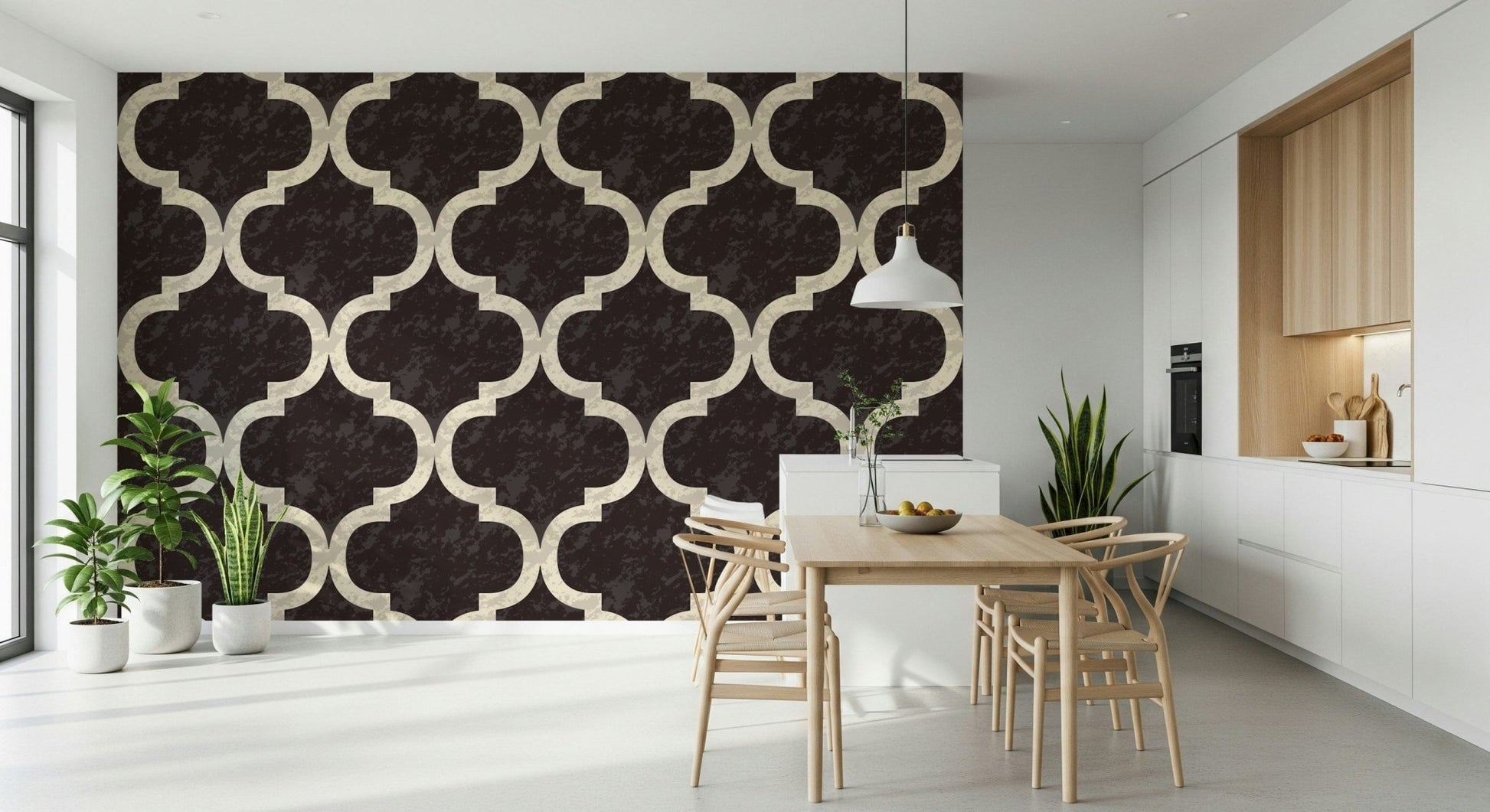 Moroccan Ogee Black Cocoa mural wallpaper dark geometric pattern.