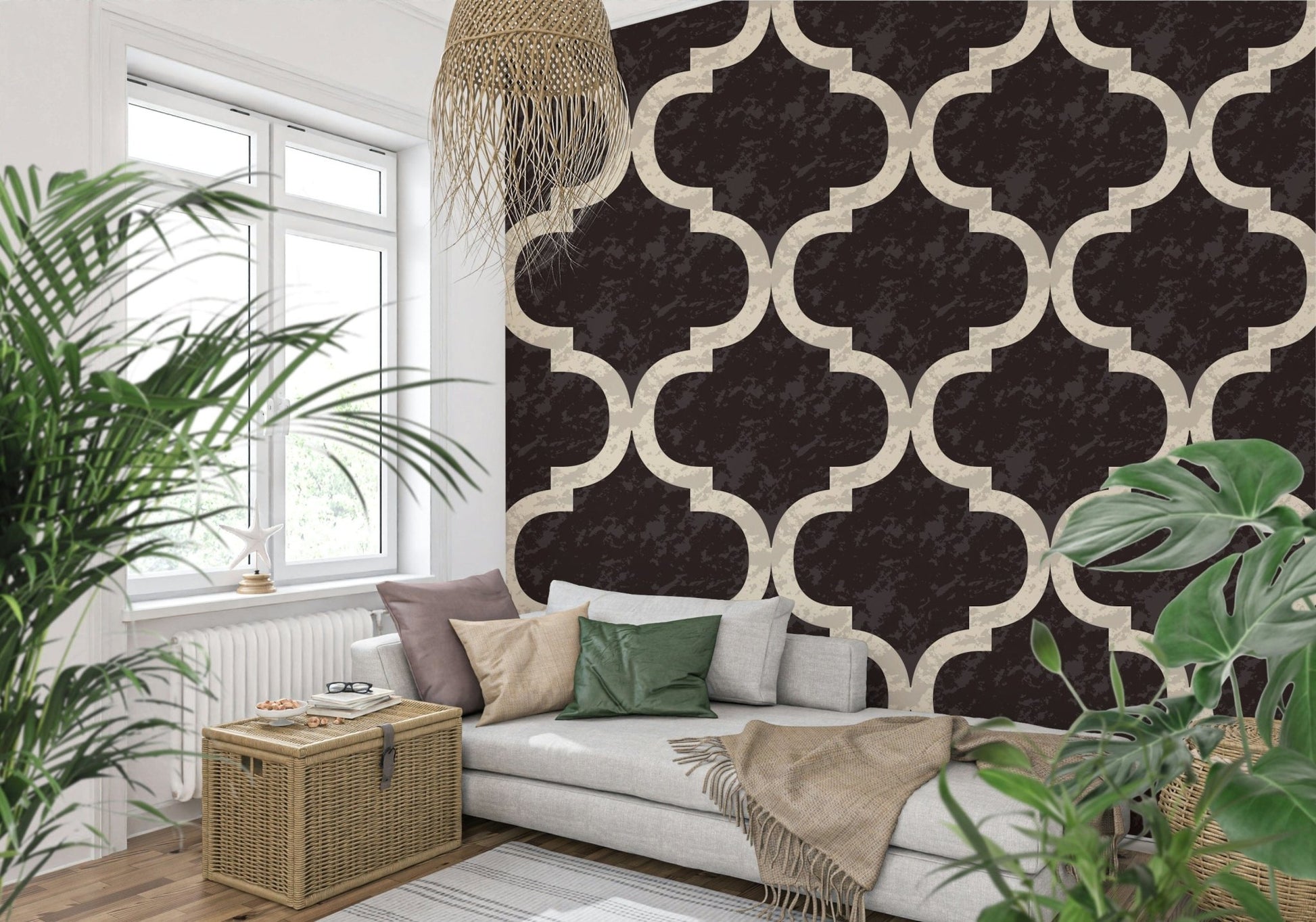 Elegant quatrefoil wall mural rich cocoa bean vintage texture.