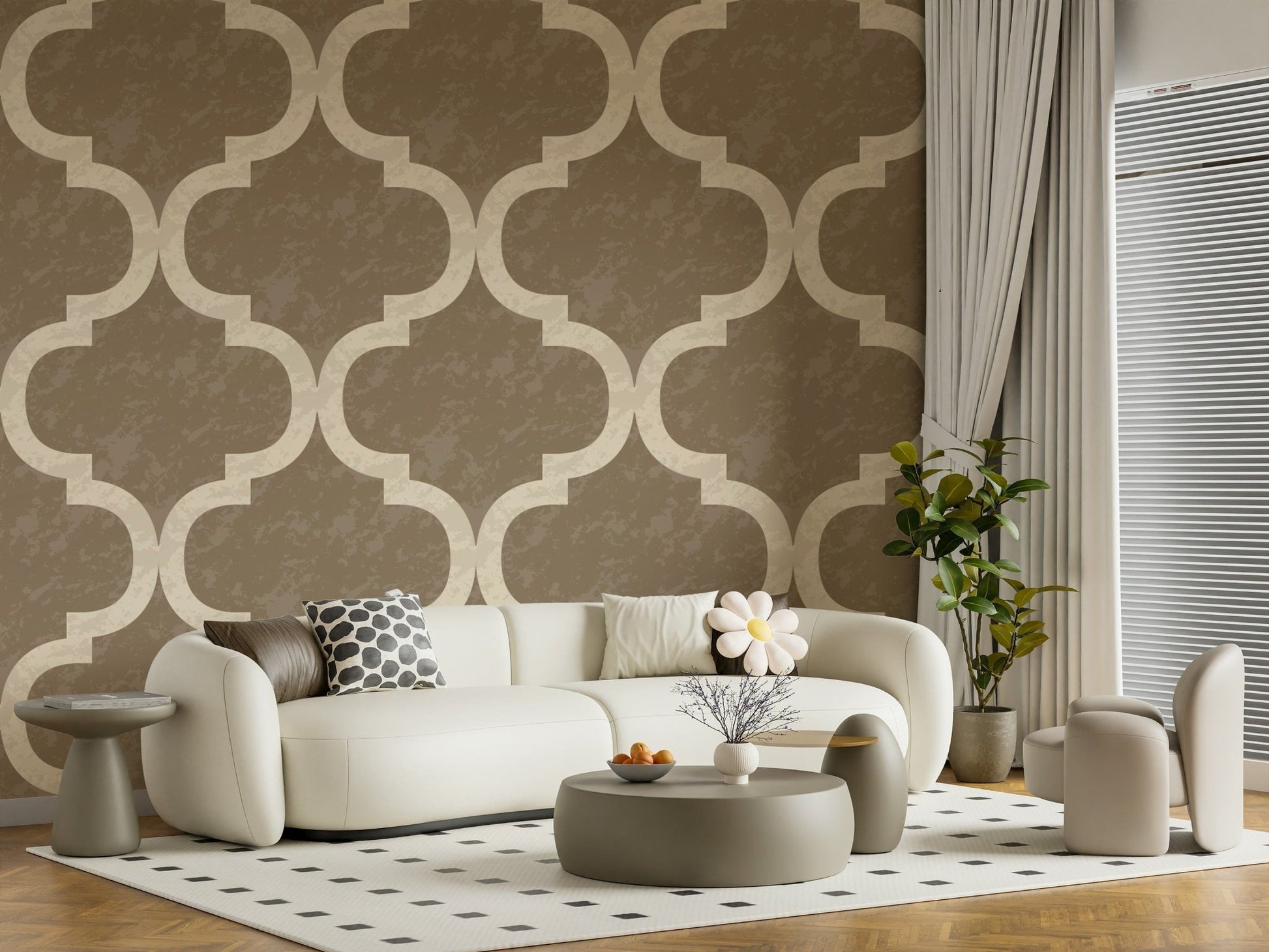 Ivory ogee pattern on textured burnished brass background wallpaper