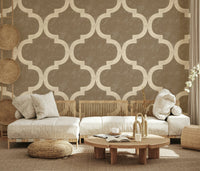 Burnished brass geometric wallpaper with Moroccan lattice design