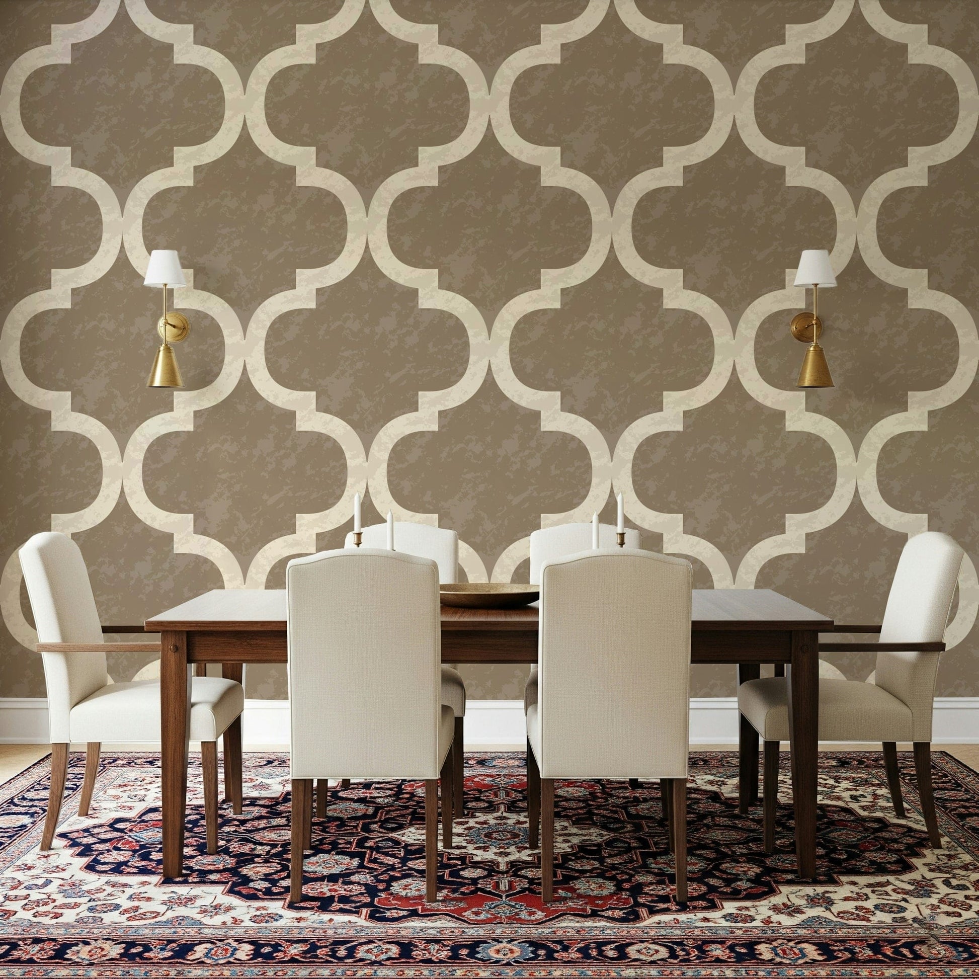 Moroccan ogee wallpaper in burnished brass with ivory trellis