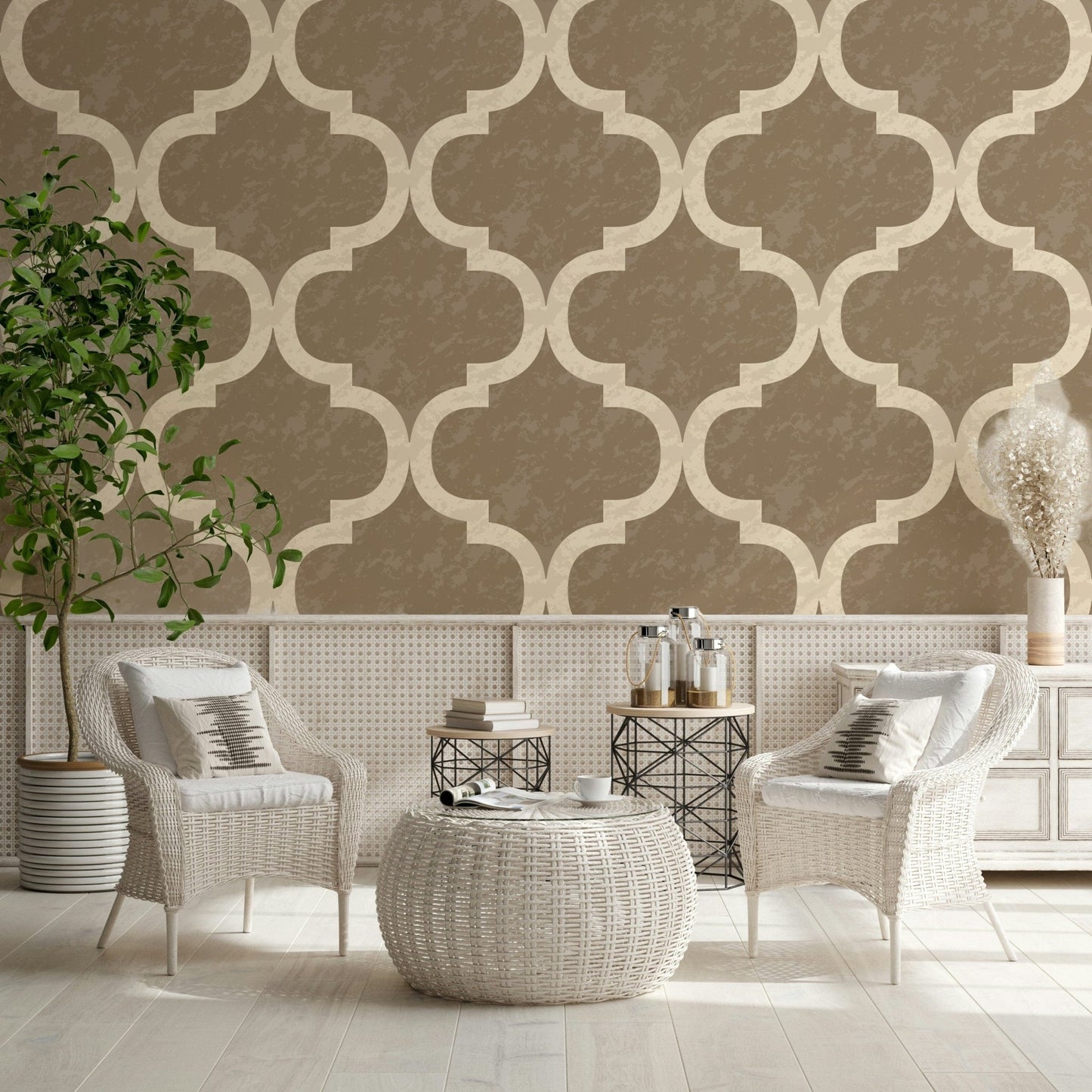 Textured-look brass ogee wallpaper for cozy sophisticated interiors