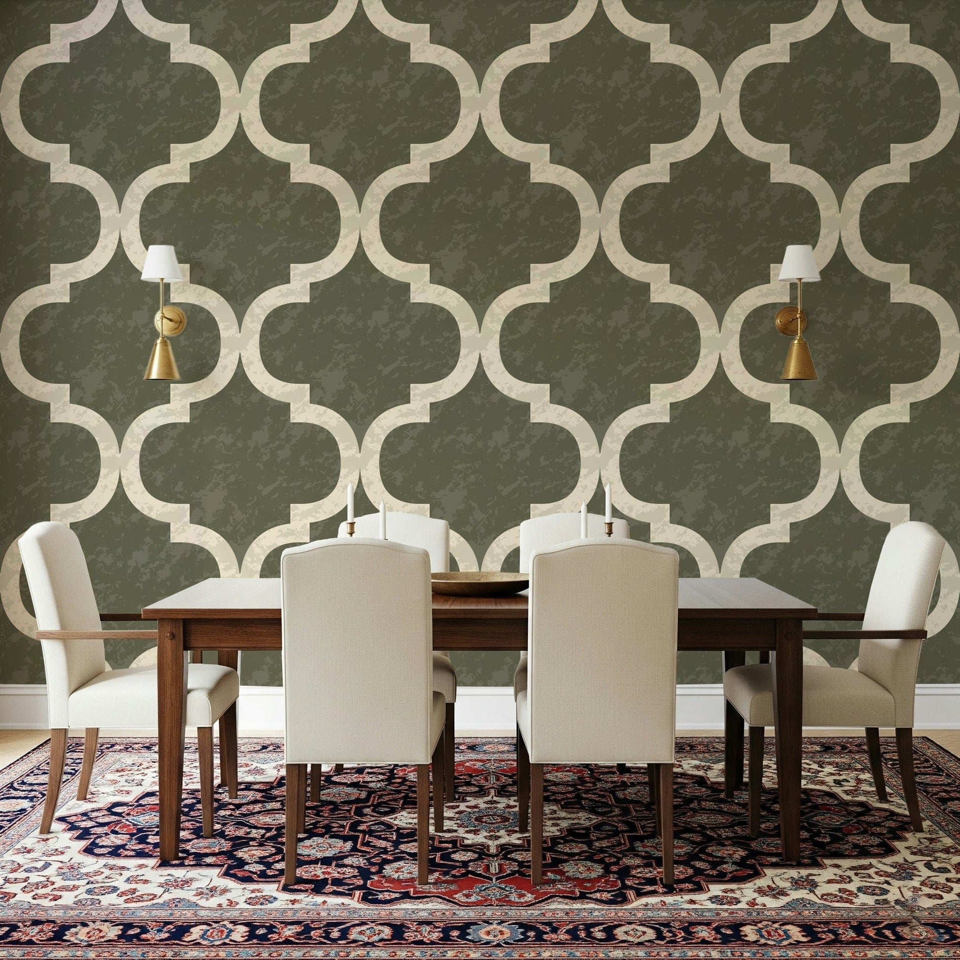 Ivory ogee pattern on textured dark olive background wallpaper