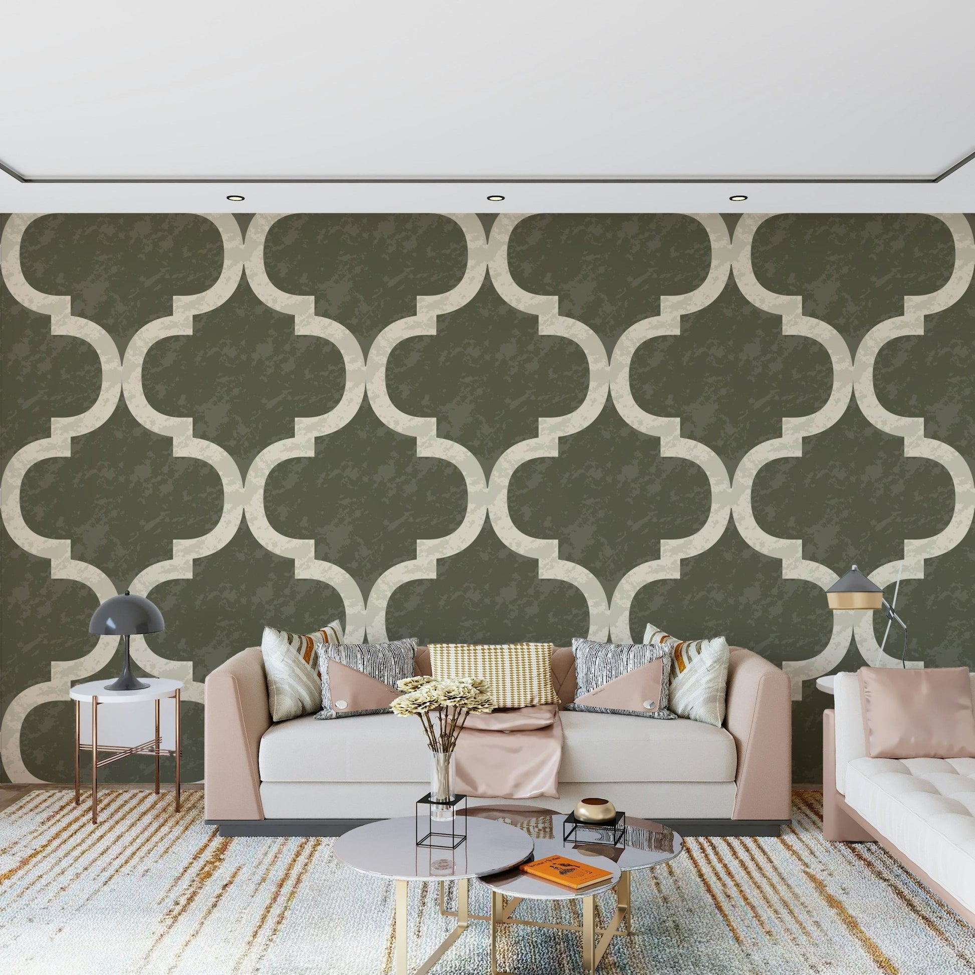 Statement Moroccan ogee wallpaper in deep olive green