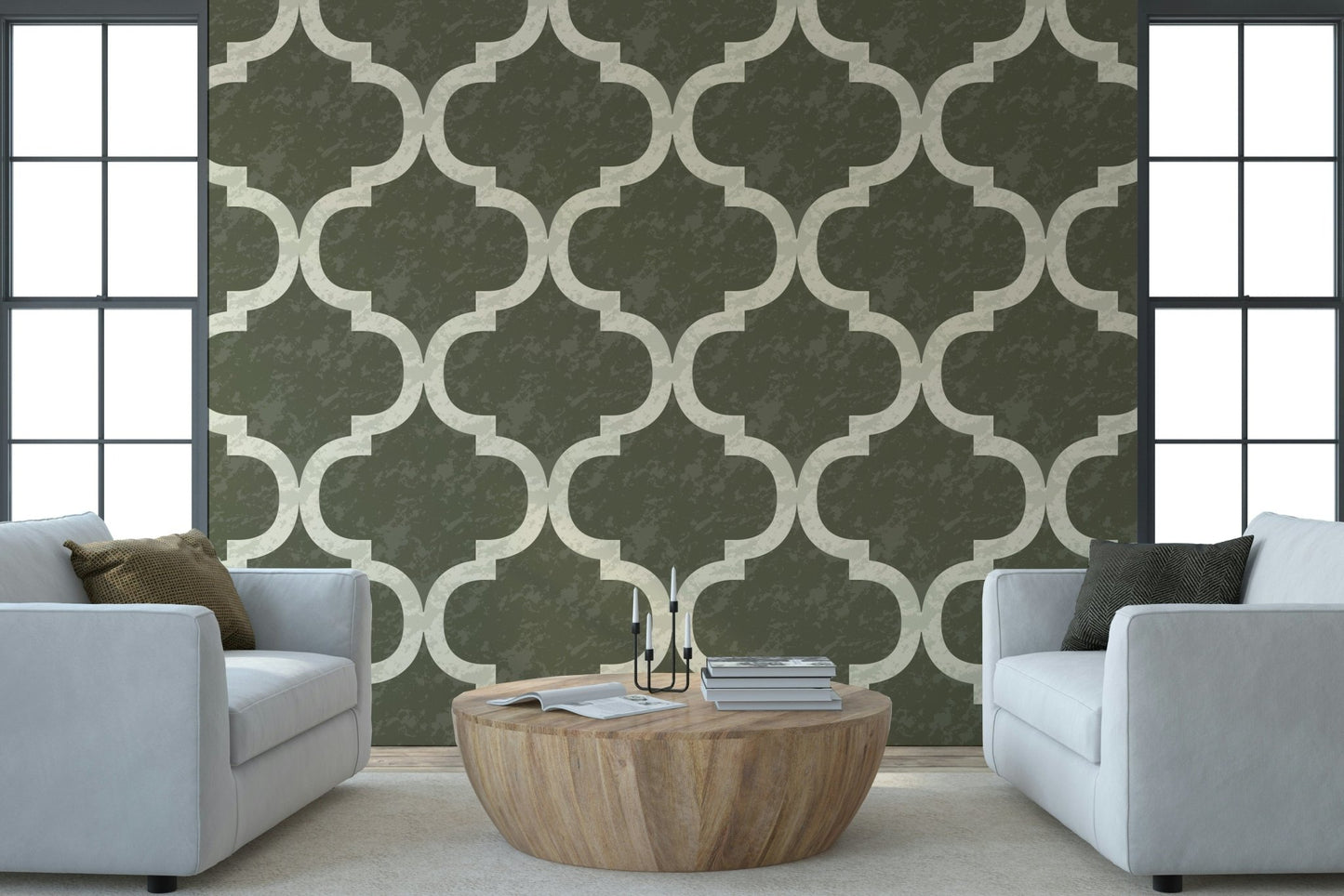 Olive green geometric wallpaper with Moroccan lattice motif