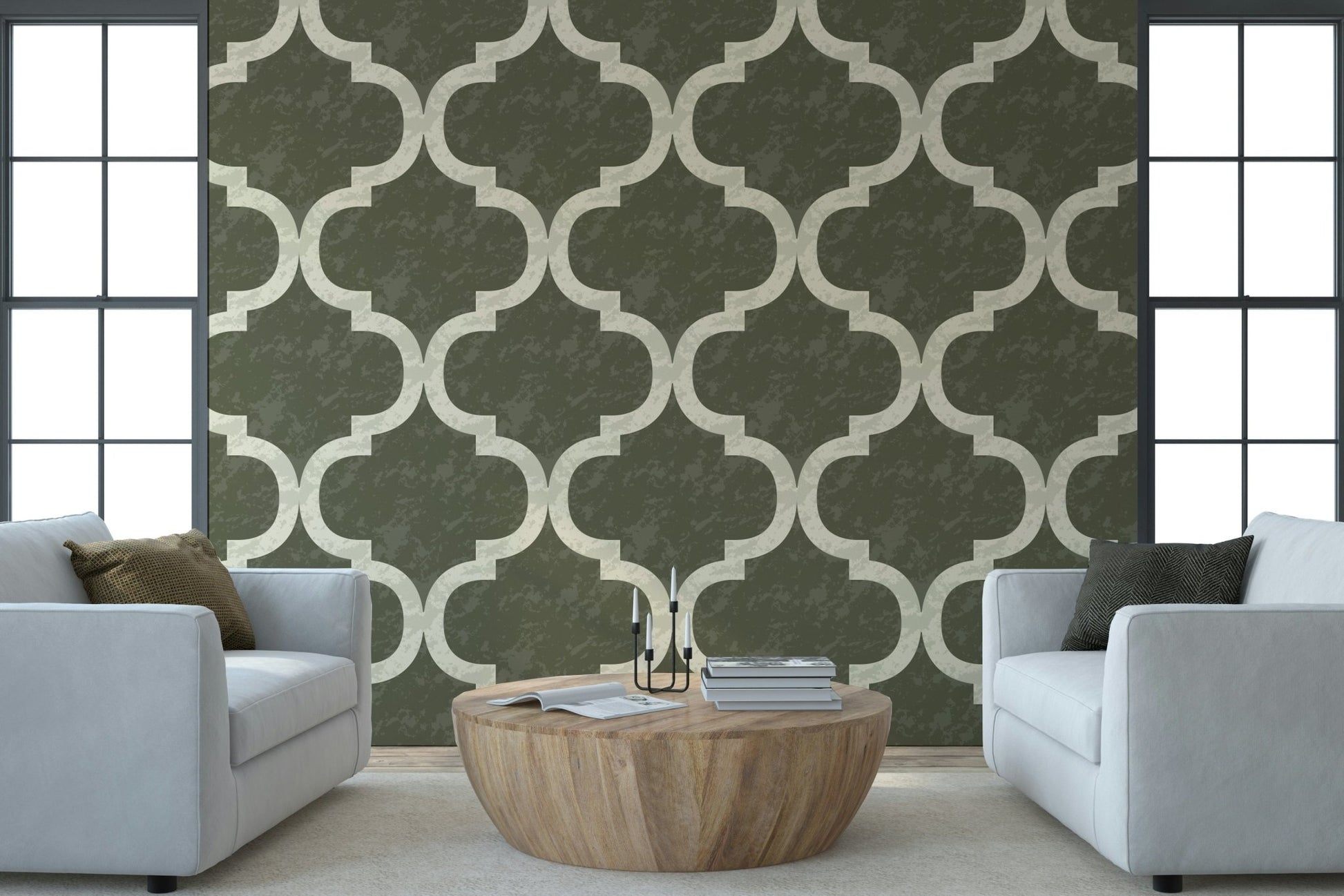 Olive green geometric wallpaper with Moroccan lattice motif