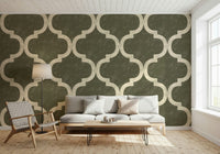 Dark olive Moroccan trellis wallpaper with ogee pattern