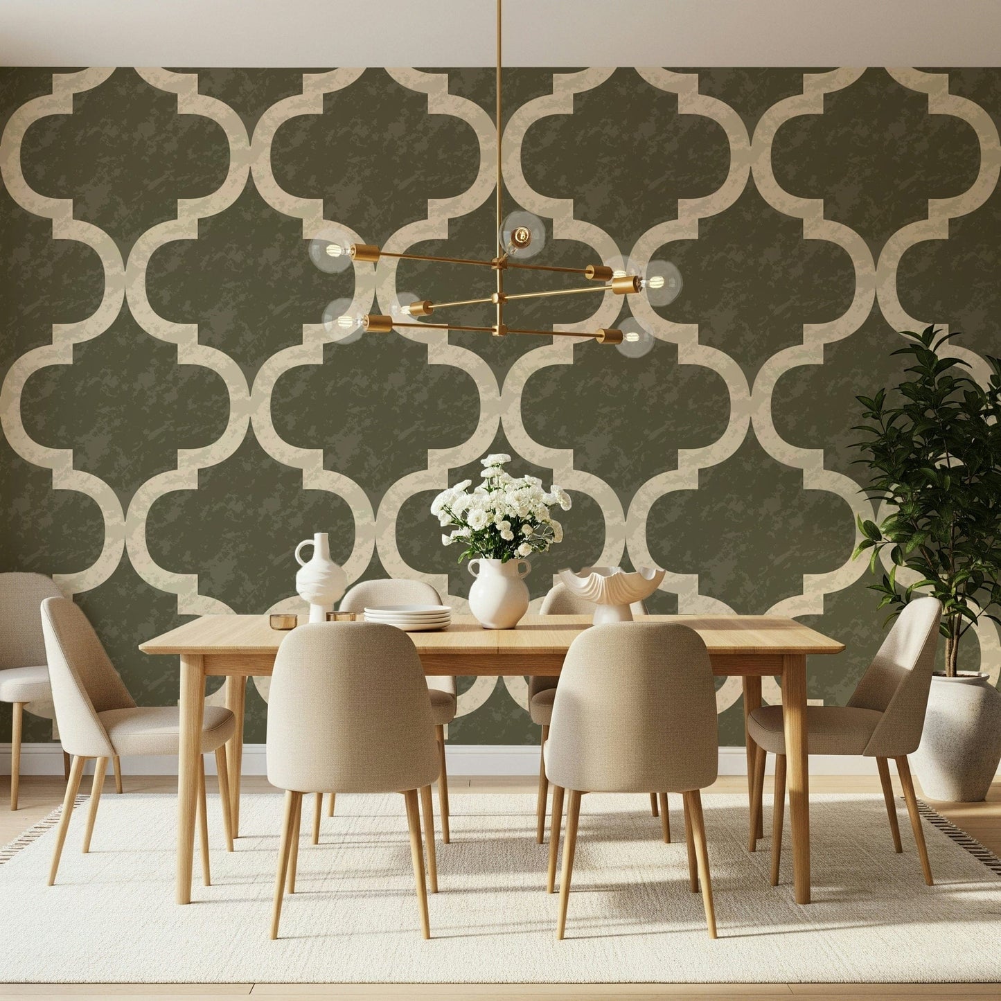 Arabesque trellis wallpaper in olive and cream palette