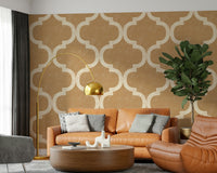 Moroccan-inspired geometric wallpaper in golden tones