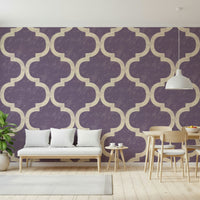 Moroccan ogee wallpaper in grey purple with ivory trellis