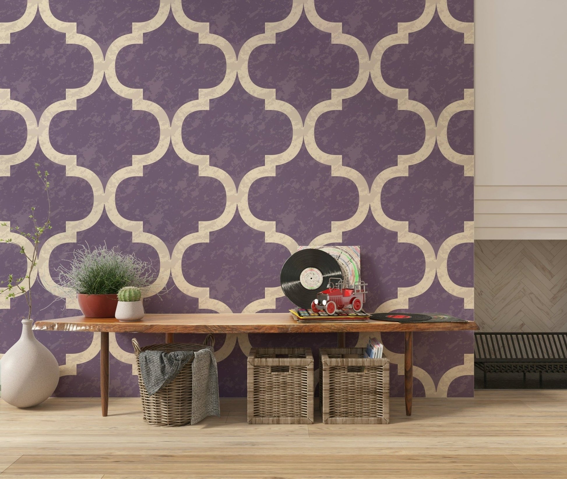 Soft plum ogee wallpaper with subtle distressed texture