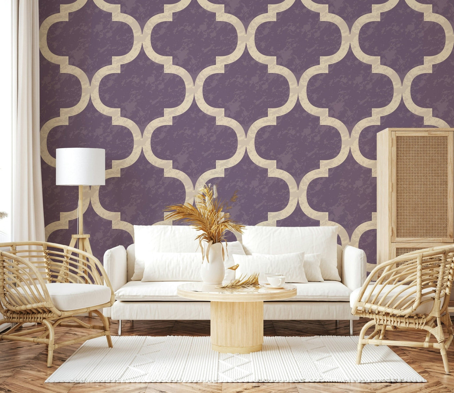 Statement Moroccan ogee wallpaper in dusty purple palette
