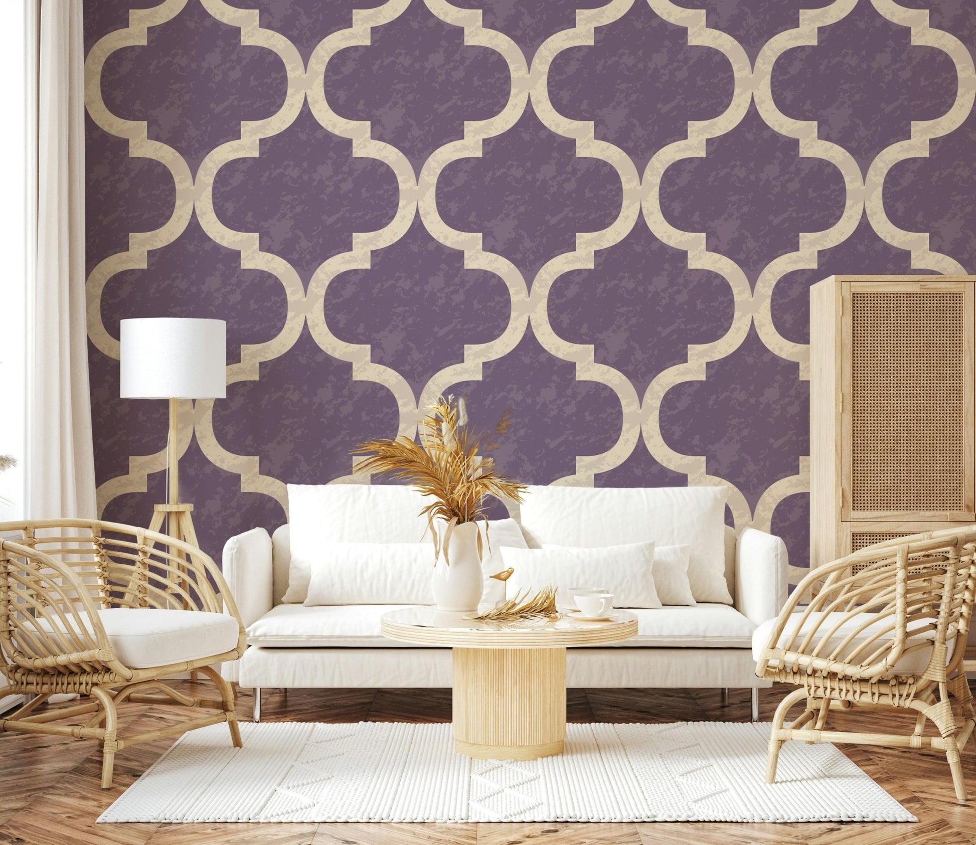 Statement Moroccan ogee wallpaper in dusty purple palette