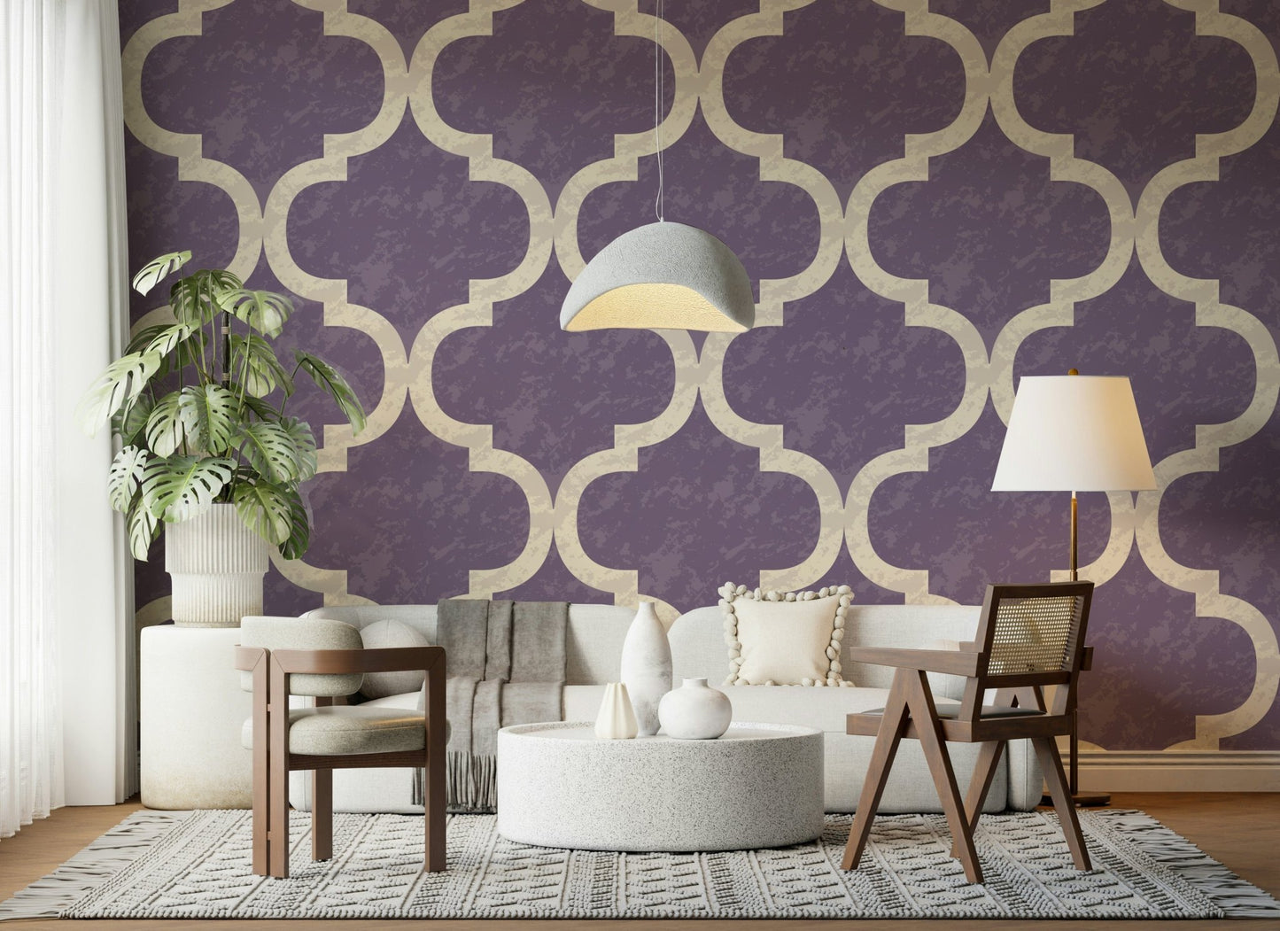 Ivory ogee pattern on textured grey purple background wallpaper