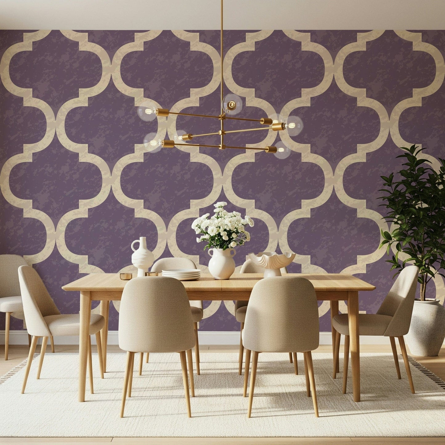 Grey-purple geometric wallpaper with Moroccan lattice motif