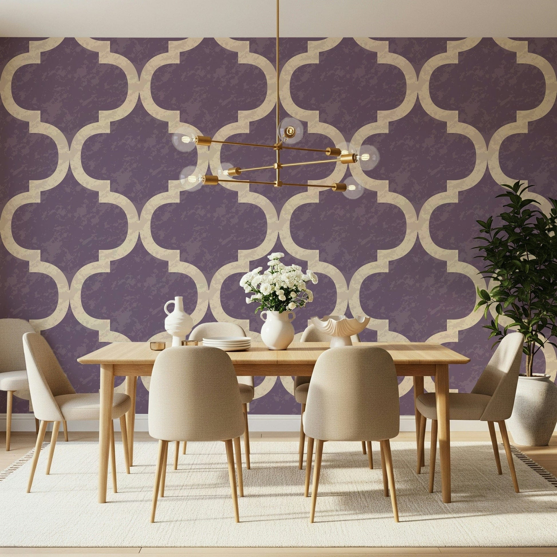 Grey-purple geometric wallpaper with Moroccan lattice motif