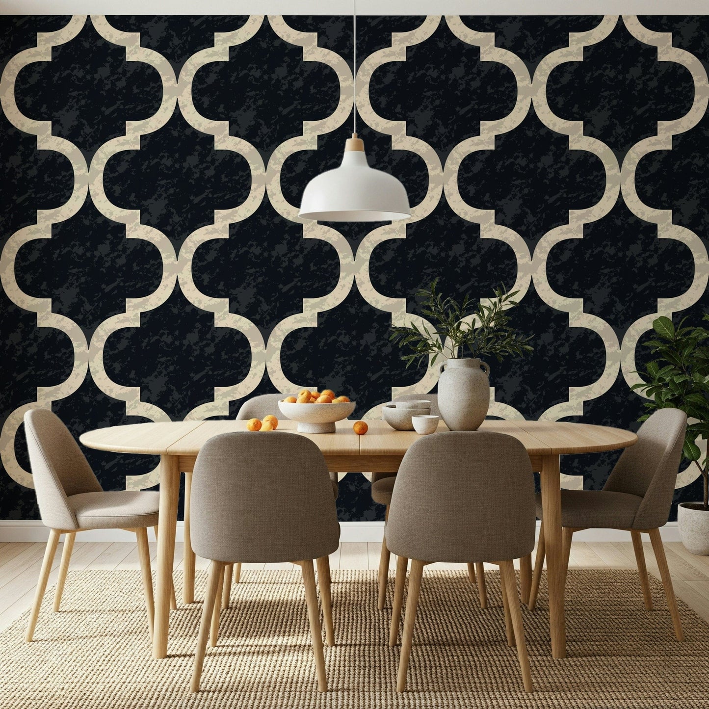 Moroccan-inspired ink black wallpaper for bold feature walls