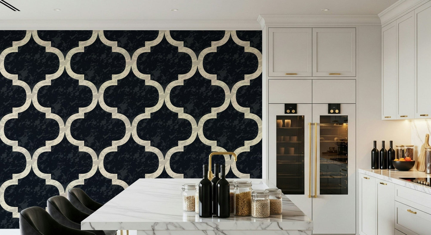 Black Moroccan trellis wallpaper with classic ogee pattern