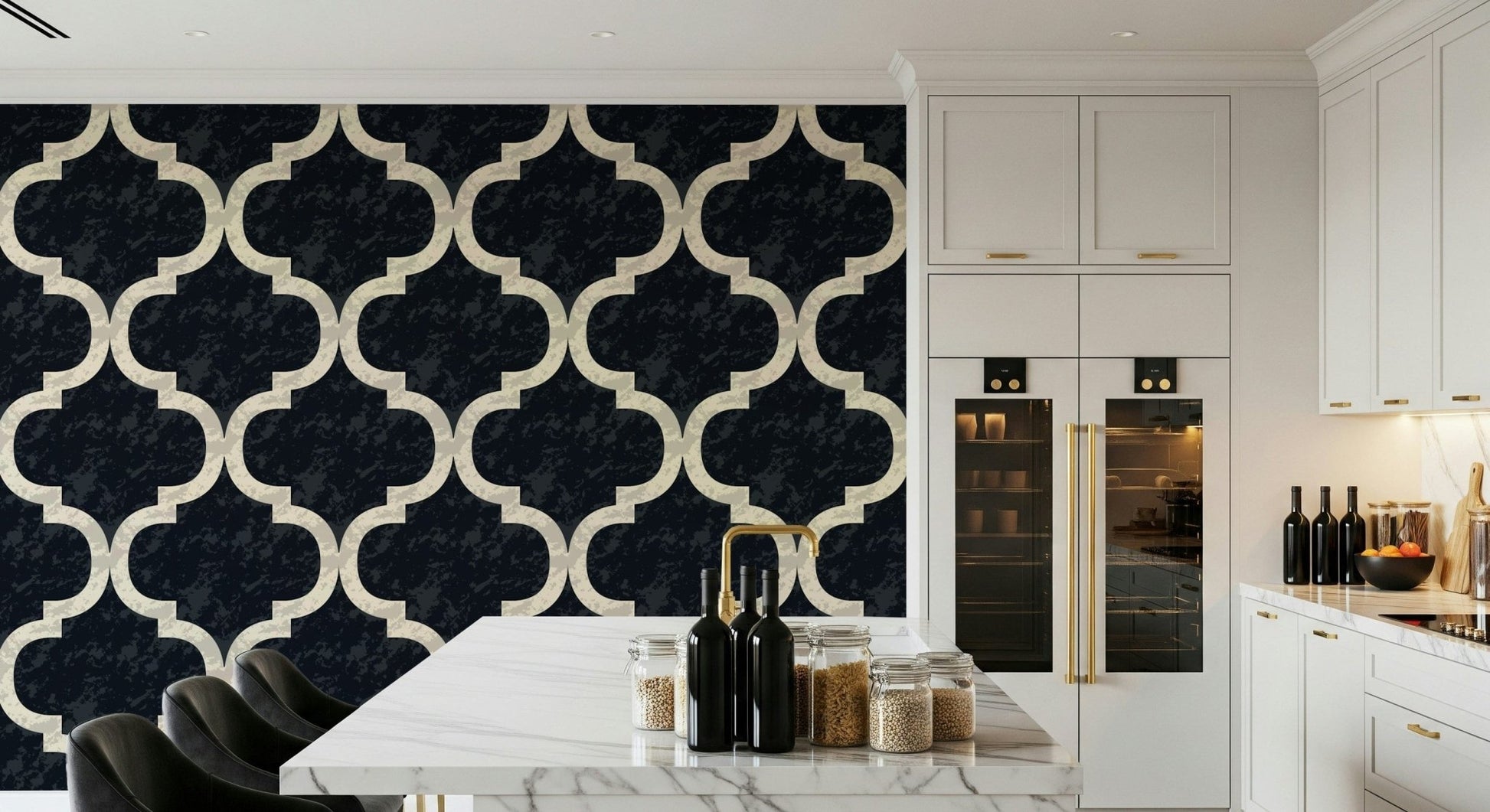 Black Moroccan trellis wallpaper with classic ogee pattern