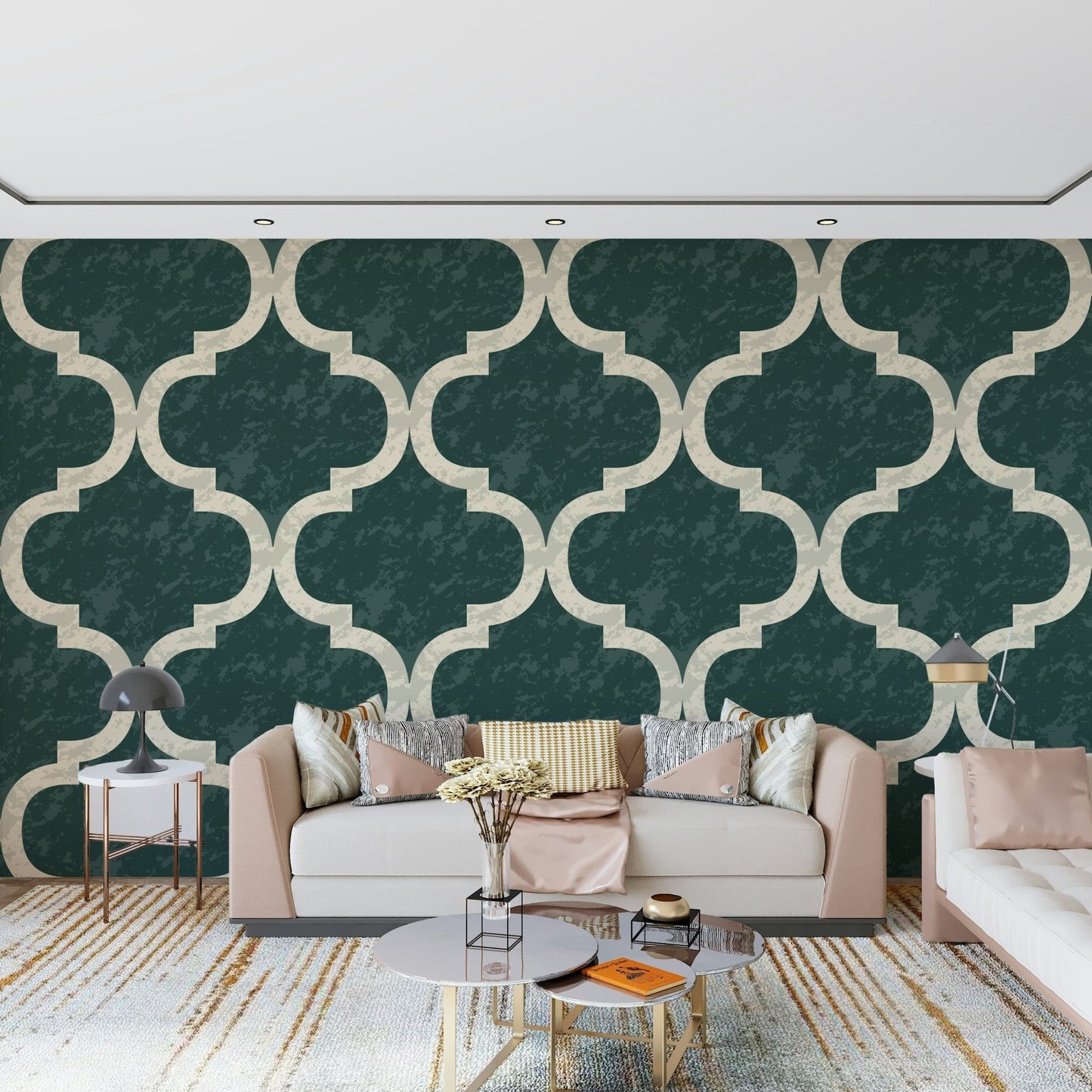 Rustic green ogee wallpaper with subtle distressed texture