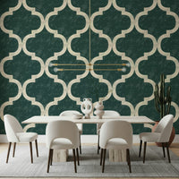 Boho Moroccan trellis wallpaper in earthy green tones