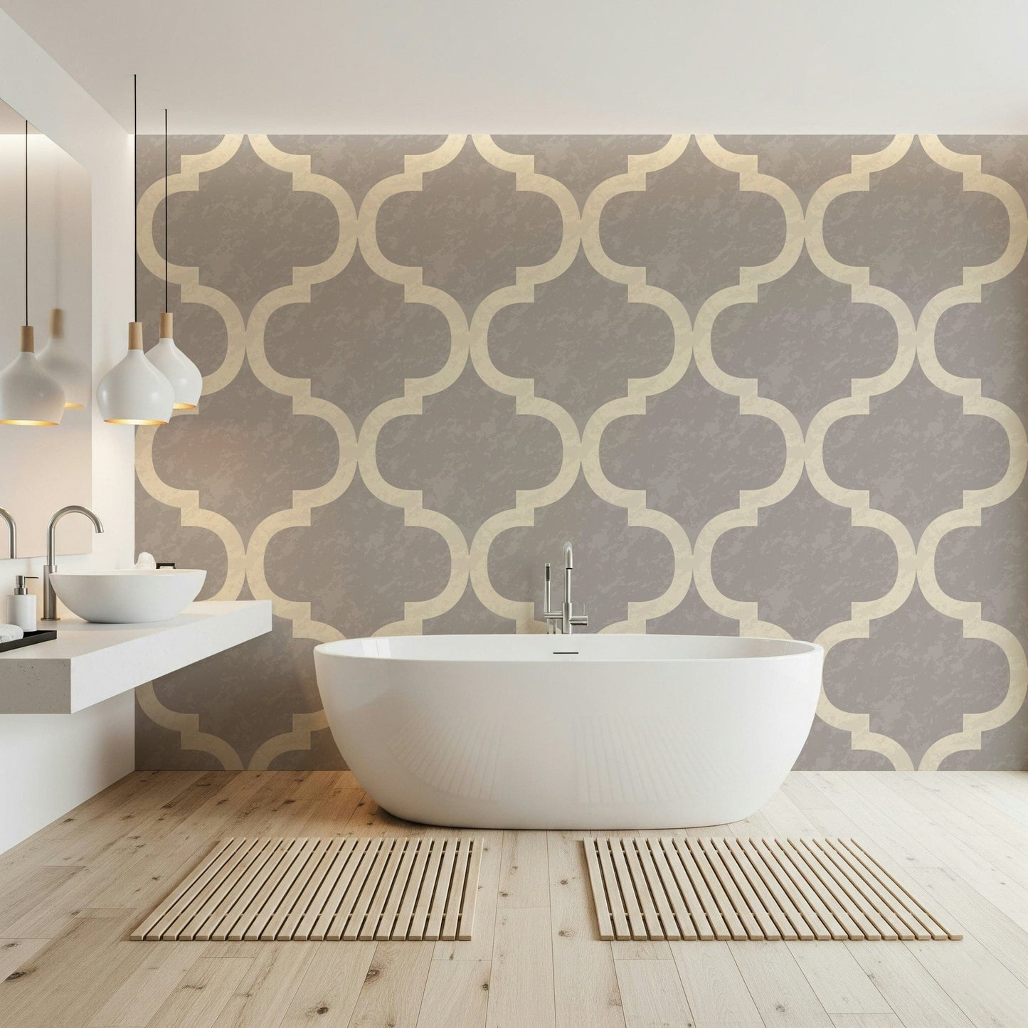 Neutral grey geometric wallpaper with Moroccan lattice pattern