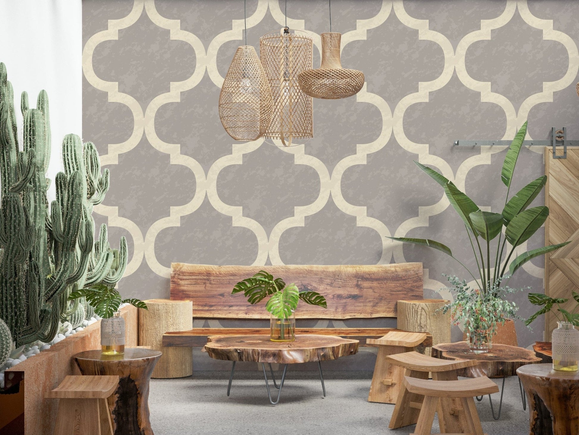 Soft stone grey ogee wallpaper with subtle distressed texture